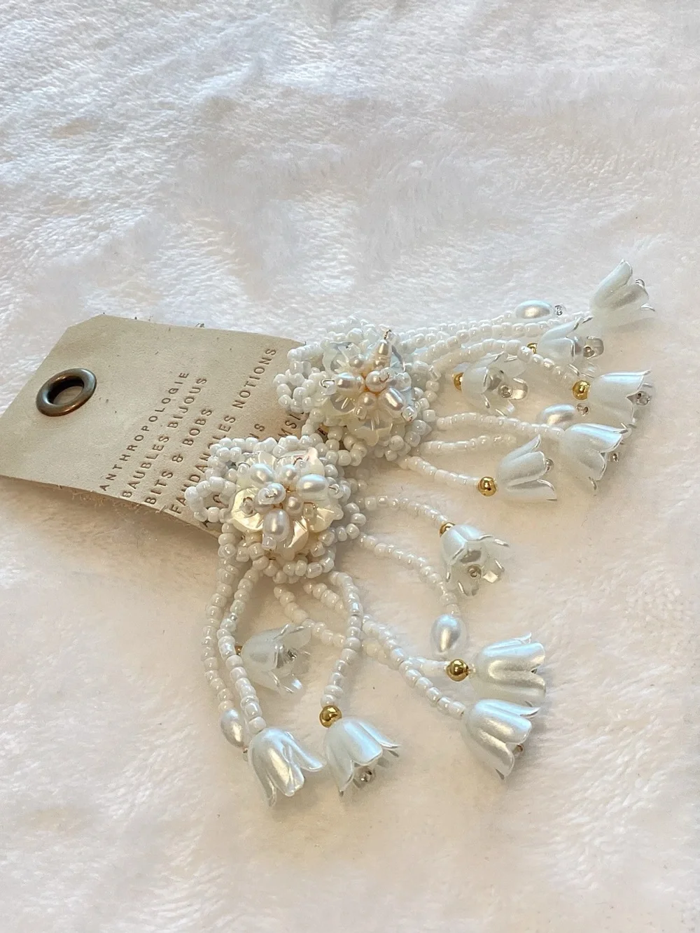 Anthropologie Beaded Drop Earrings Floral Fringe New Ivory Pearl